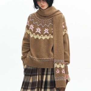 Cozy Brown Patterned Sweater and Scarf
